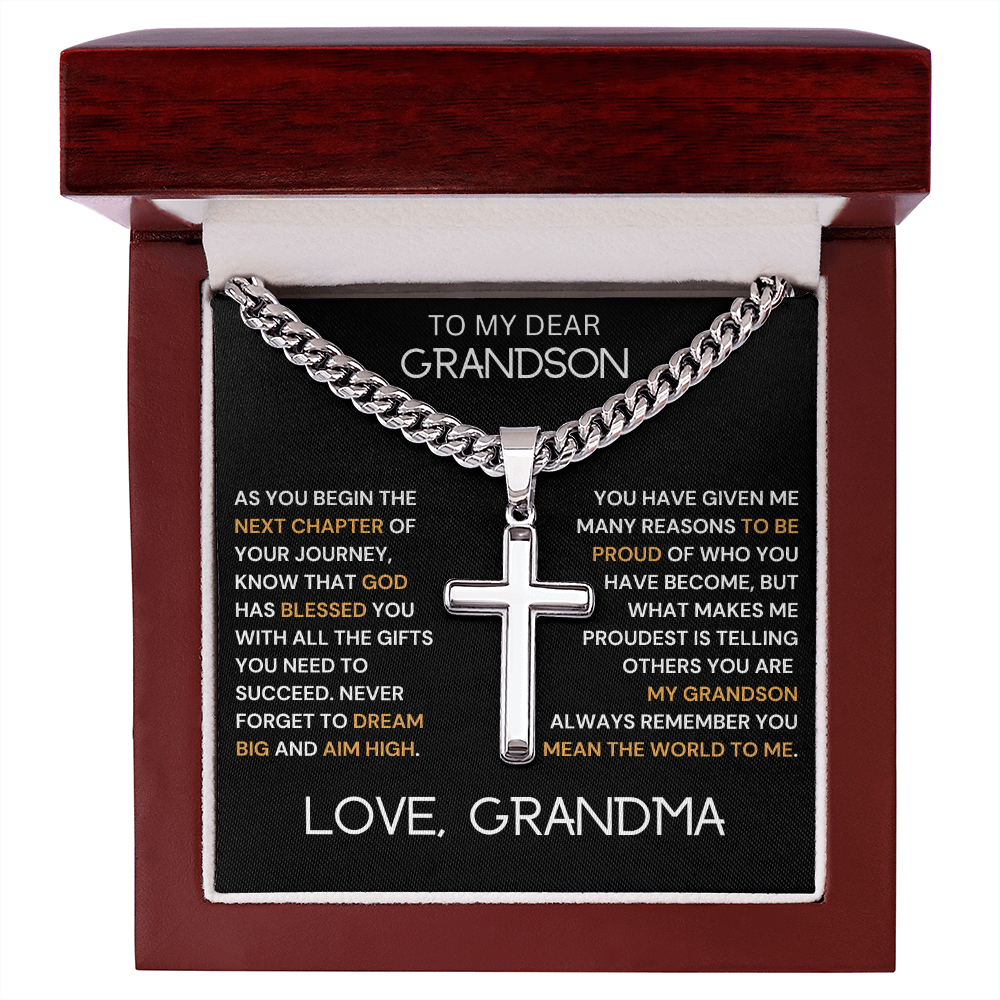To My Dear Grandson Engraved Cross Necklace
