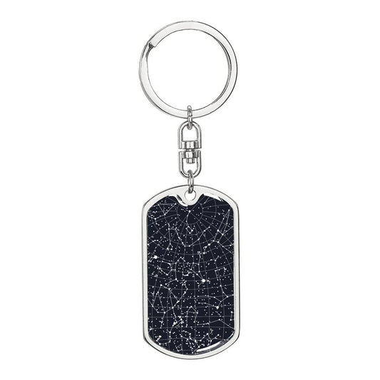 Night Sky Dog Tag Keychain TAMA, Personalized Night Sky Key Holder, Custom Message, Custom Date, Coordinates for Couples, Shatterproof, 18K Gold