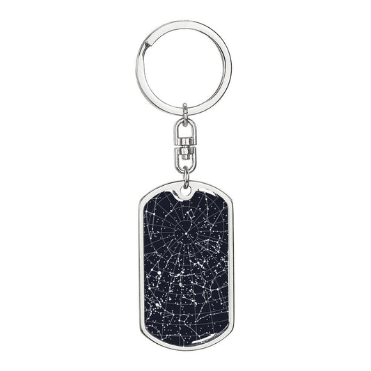 Night Sky Celestial Stars Astrological Date Custom Engraved Graphic Dog Tag Keychain Silver Gold