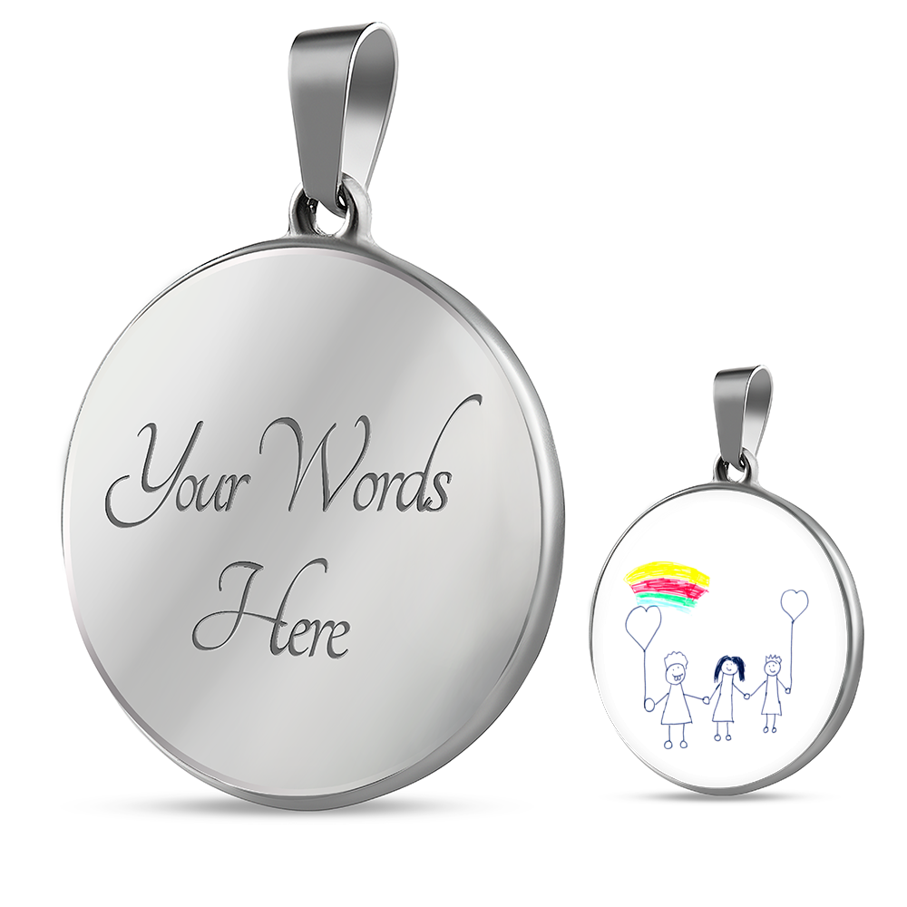Actual Childs Drawing Necklace, Children Art Necklace, Circle Pendant Child Art Design, Silver Gold Custom Engraving