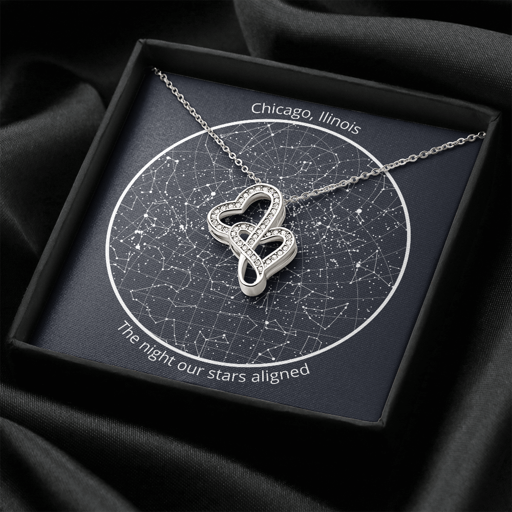 Personalized Celestial Night Sky Map with Double Heart Necklace Gift Set