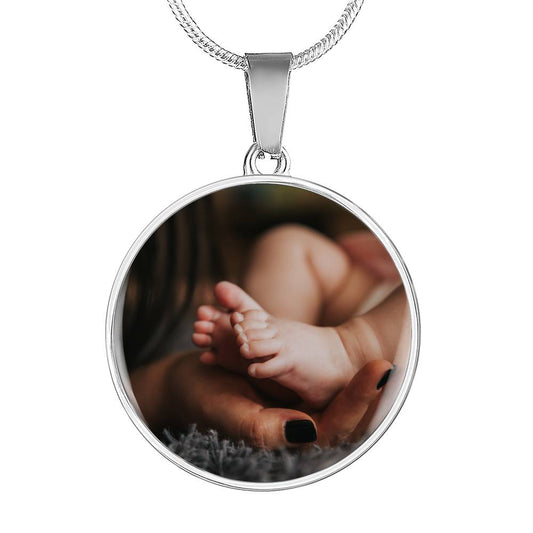 Newborn Baby Feet Personalized Picture Upload Circle Pendant Necklace Silver Gold