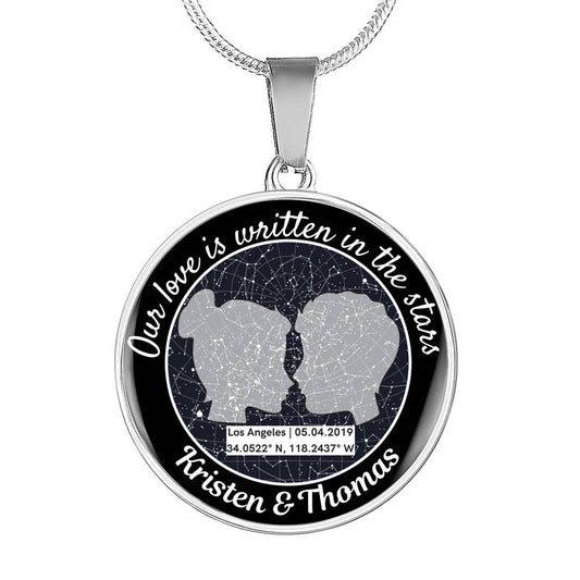 Our Love is Written in the Stars Celestial Personalized Custom Circle Pendant Necklace Silver and Gold, Pendant Necklace, Personalized Pendant