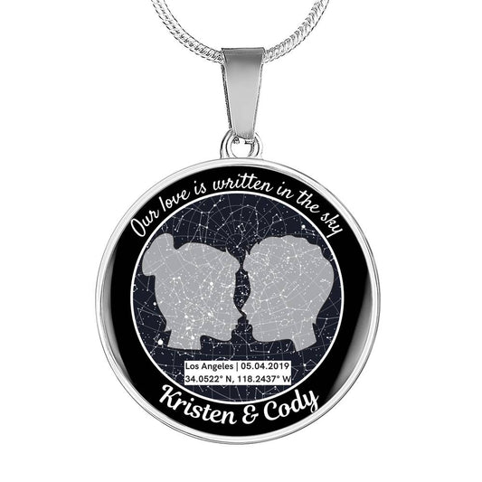 Our Love is Written in the Sky Celestial Personalized Jewelry Custom Circle Pendant Necklace Silver and Gold