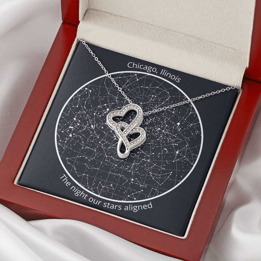 Personalized Celestial Night Sky Map with Double Heart Necklace Gift Set