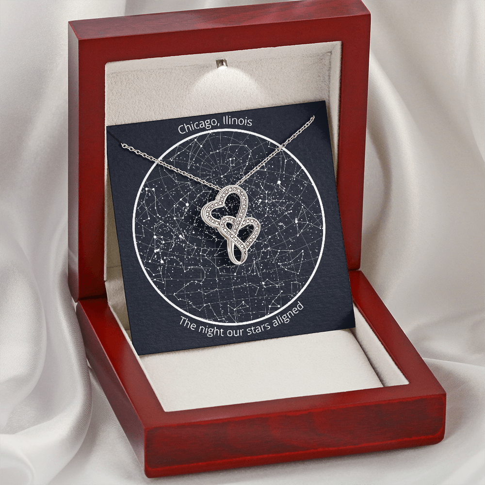 Personalized Celestial Night Sky Map with Double Heart Necklace Gift Set