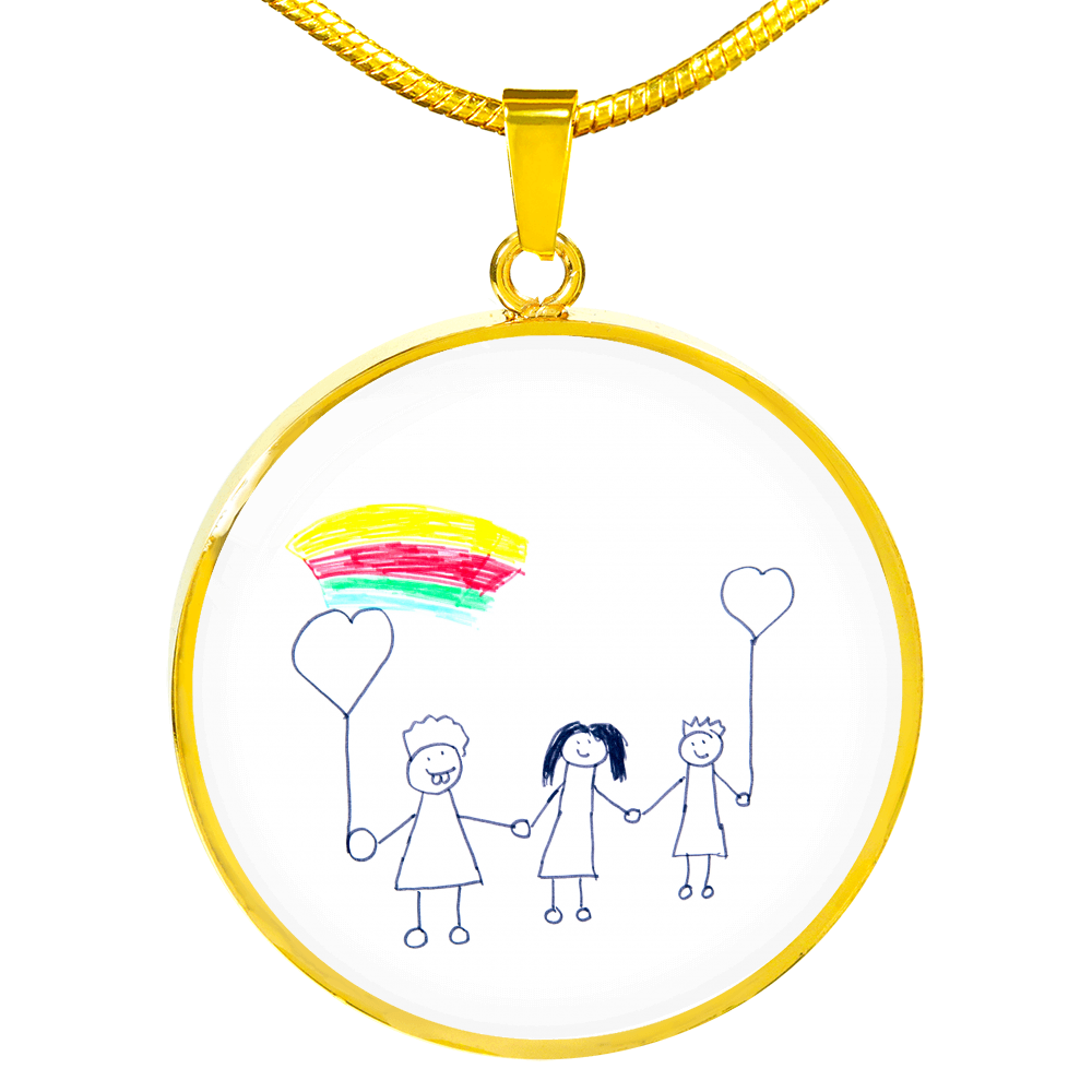 Actual Childs Drawing Necklace, Children Art Necklace, Circle Pendant Child Art Design, Silver Gold Custom Engraving
