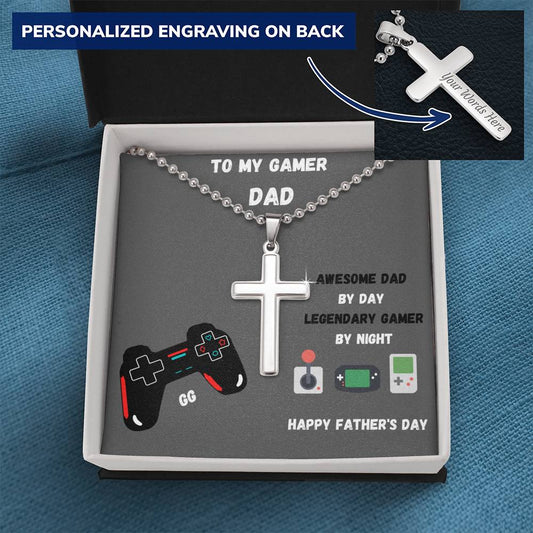 To my Gamer Dad Silver Cross Engravable Necklace