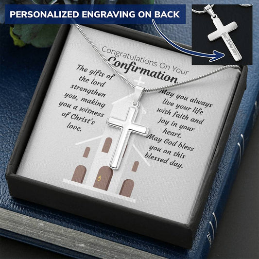 Personalized Confirmation Cross Necklace, Custom Engraved Confirmation Gift, Boys Cross Necklace, Congratulations Confirmation Message Card