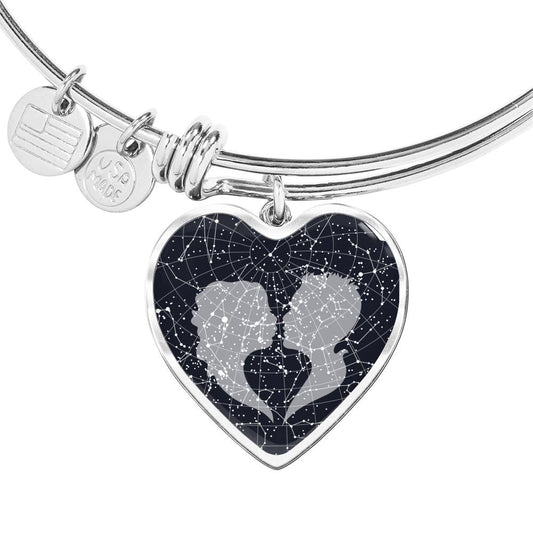Celestial Sky Couple Hear Pendant Bracelet Personalized Custom Bangle Silver Gold