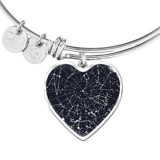 Night Sky Celestial Stars Astrological Date Heart Pendant Charm Bracelet Custom Engraved Silver Gold