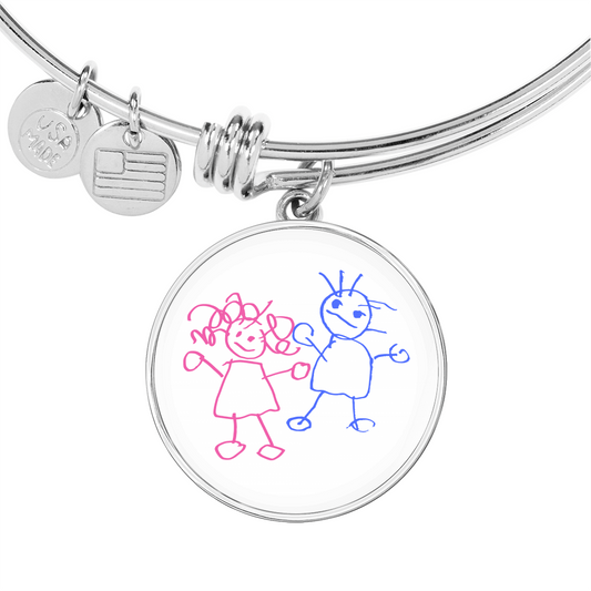 Personalized Child Artwork Bracelet, Circle Charm Pendant Bracelet, Silver Gold, Adjustable Engravable Jewelry