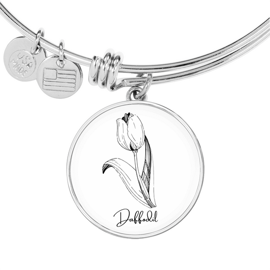 March Daffodil Birth Flower Charm Bangle Bracelet Silver Gold