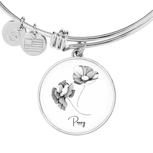 Poppy August Birth Flower Bangle Charm Bracelet Silver Gold