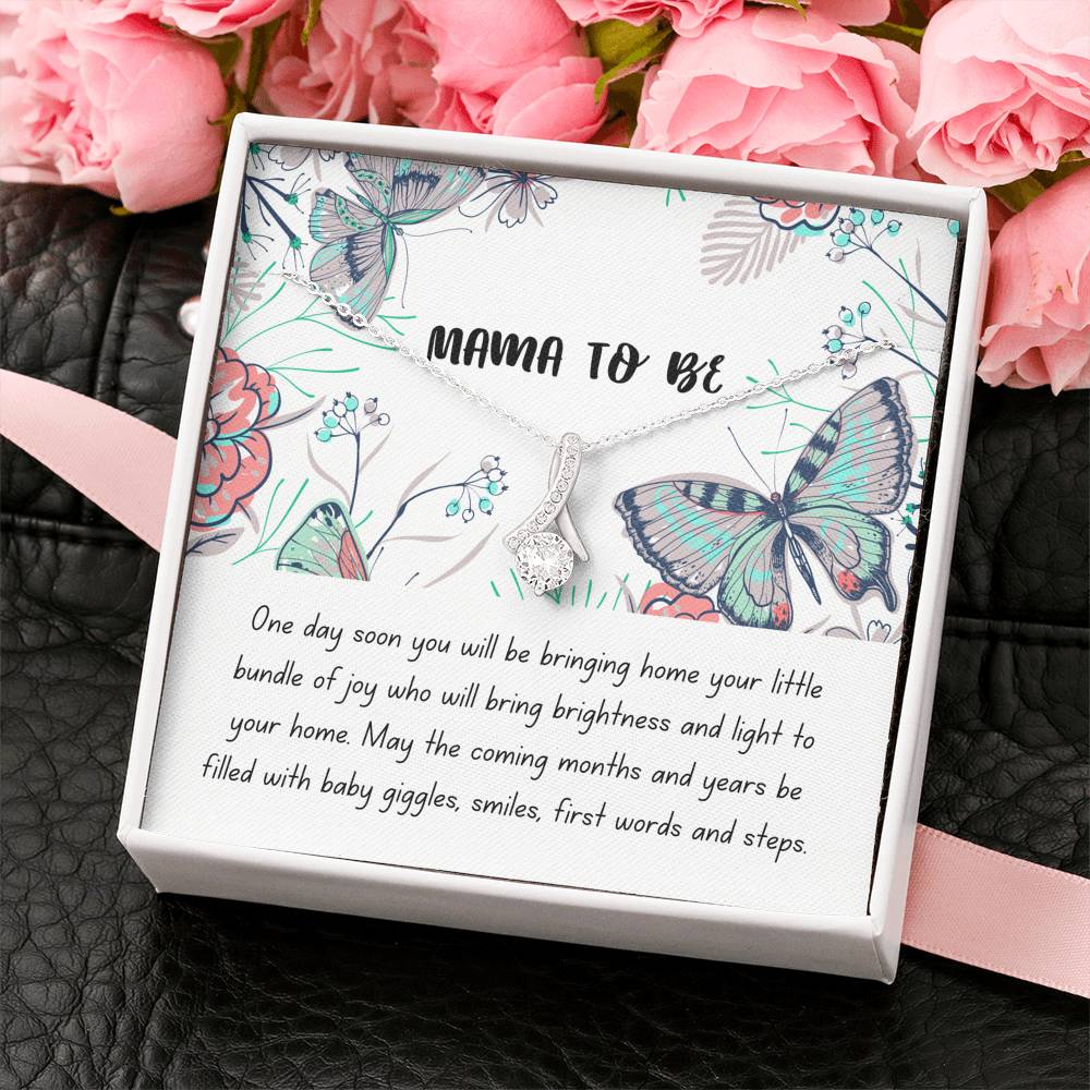 Mama to be ribbon pendant white gold necklace