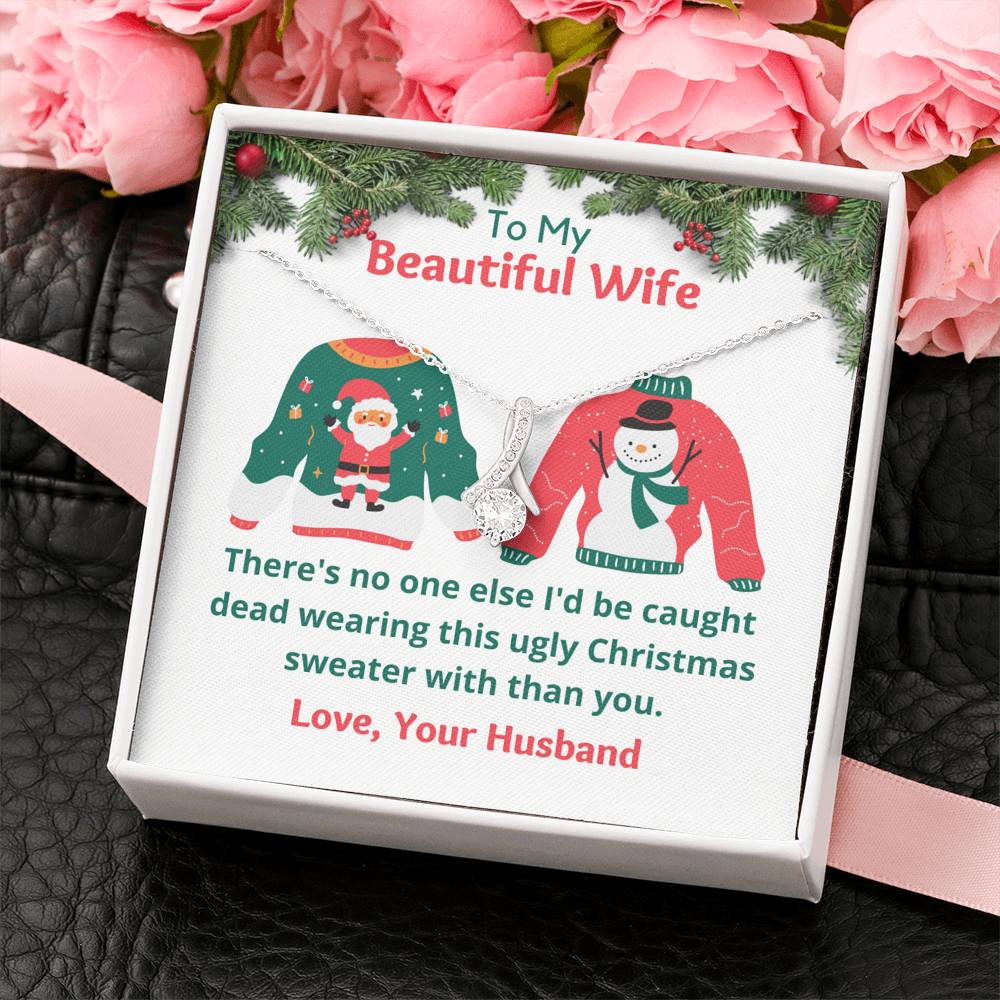 Ugly Christmas Sweater Message Card Pendant Necklace, Gift for Wife, Funny Christmas Gift