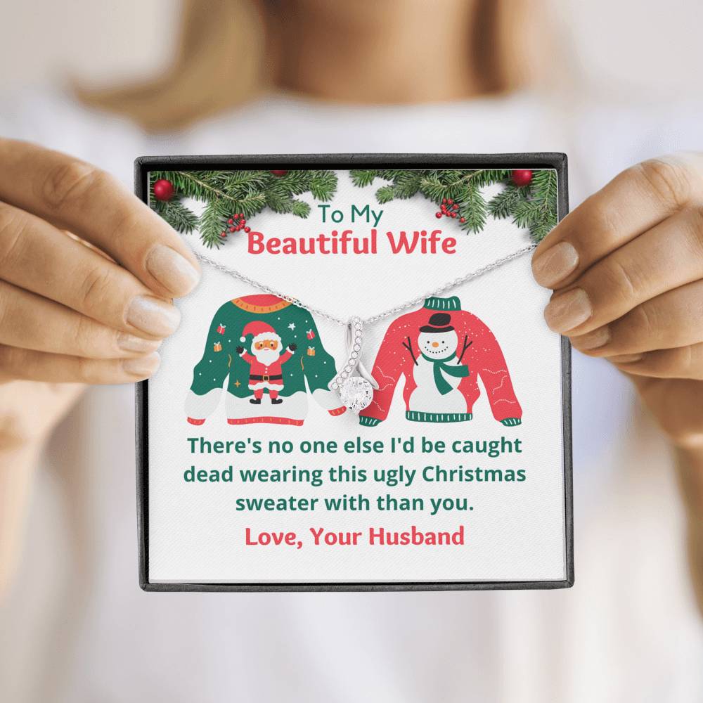Ugly Christmas Sweater Message Card Pendant Necklace, Gift for Wife, Funny Christmas Gift