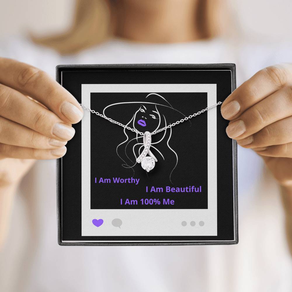 I Am 100% Me Purple Empowered Woman Alluring Beauty Necklace Silver Gold