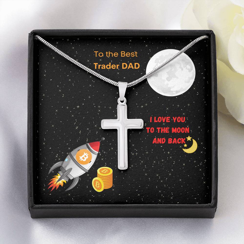 Best Trader Dad Bitcoin Moon Rocket Silver Gold Engravable Cross Necklace