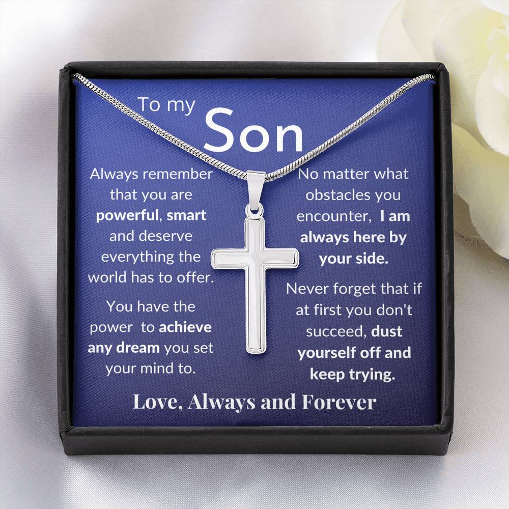Gift for Son - Stainless Steel Pendant Cross Necklace Jewelry - Message Card & Gift Set