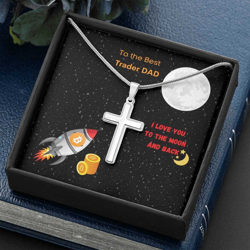 Best Trader Dad Bitcoin Moon Rocket Silver Gold Engravable Cross Necklace