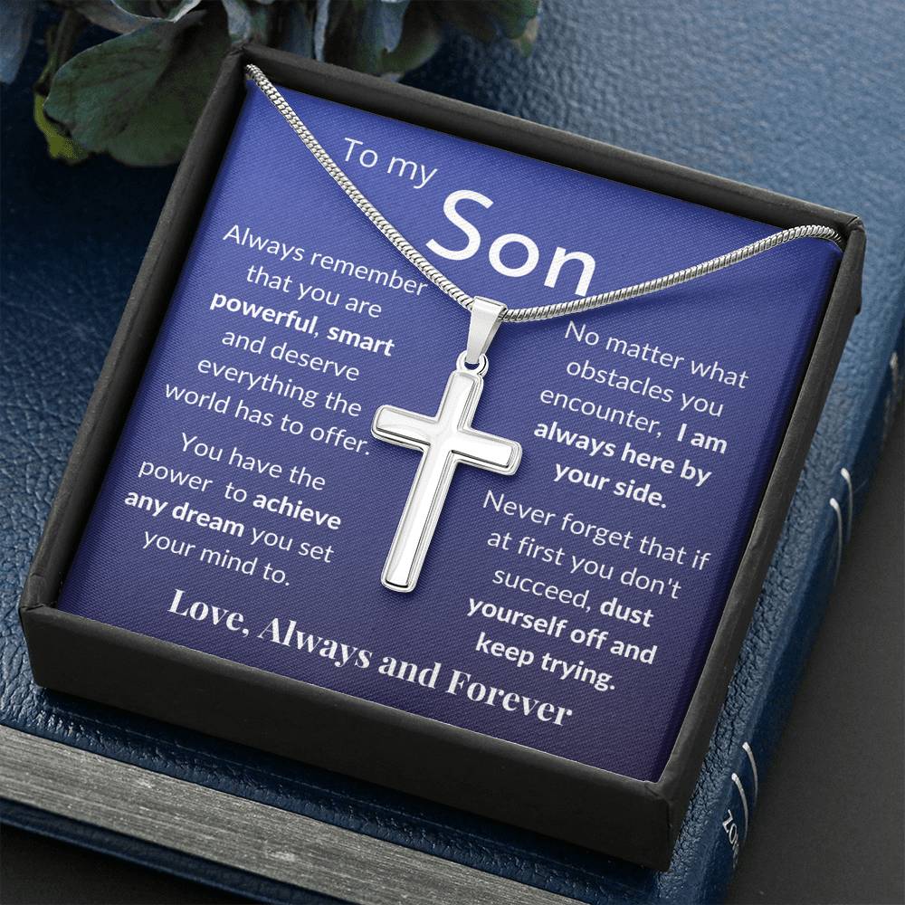 Gift for Son - Stainless Steel Pendant Cross Necklace Jewelry - Message Card & Gift Set