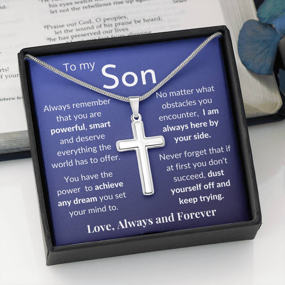 Gift for Son - Stainless Steel Pendant Cross Necklace Jewelry - Message Card & Gift Set