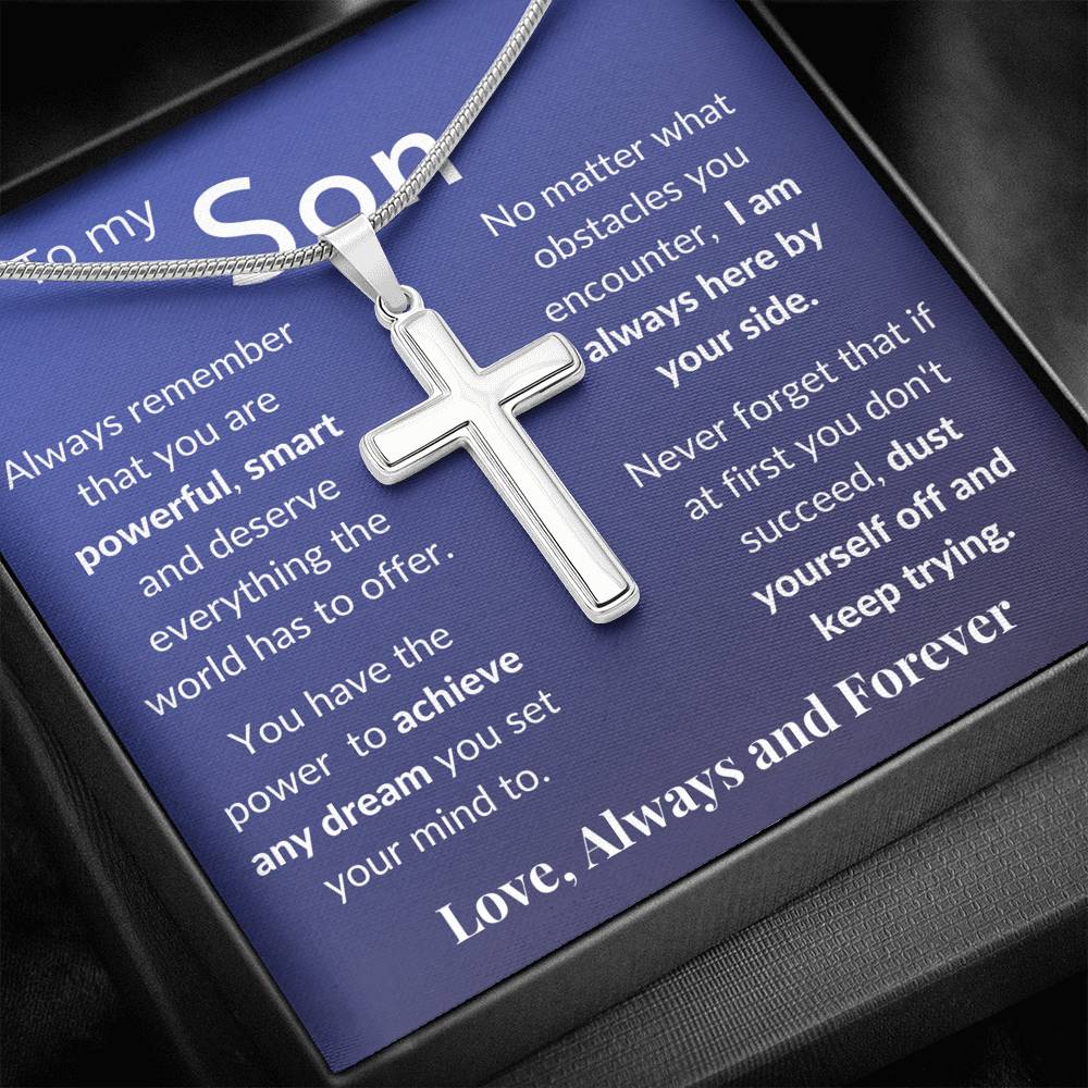 Gift for Son - Stainless Steel Pendant Cross Necklace Jewelry - Message Card & Gift Set