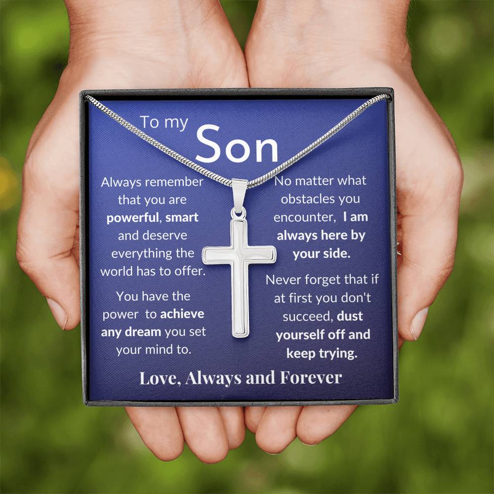 Gift for Son - Stainless Steel Pendant Cross Necklace Jewelry - Message Card & Gift Set
