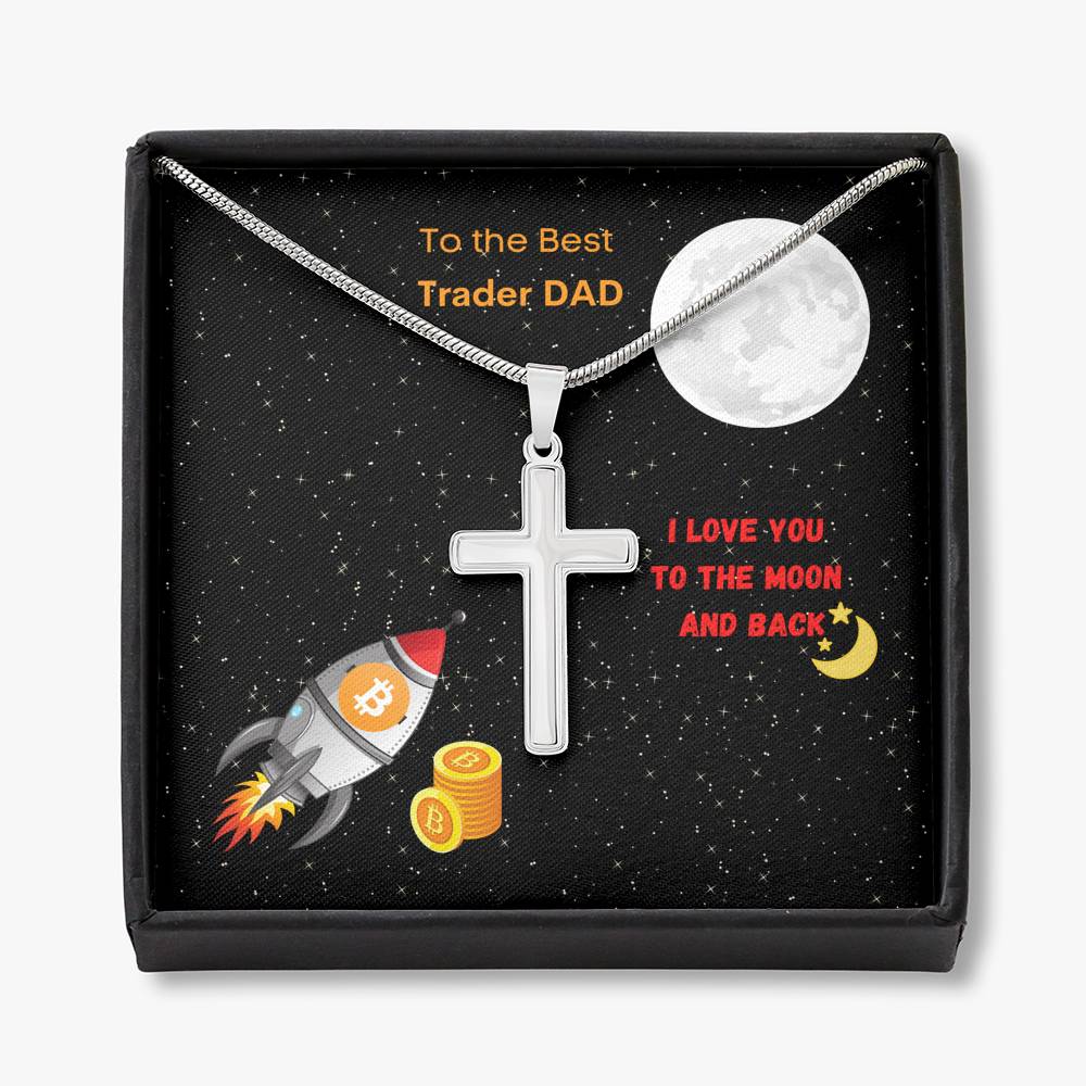 Best Trader Dad Bitcoin Moon Rocket Silver Gold Engravable Cross Necklace