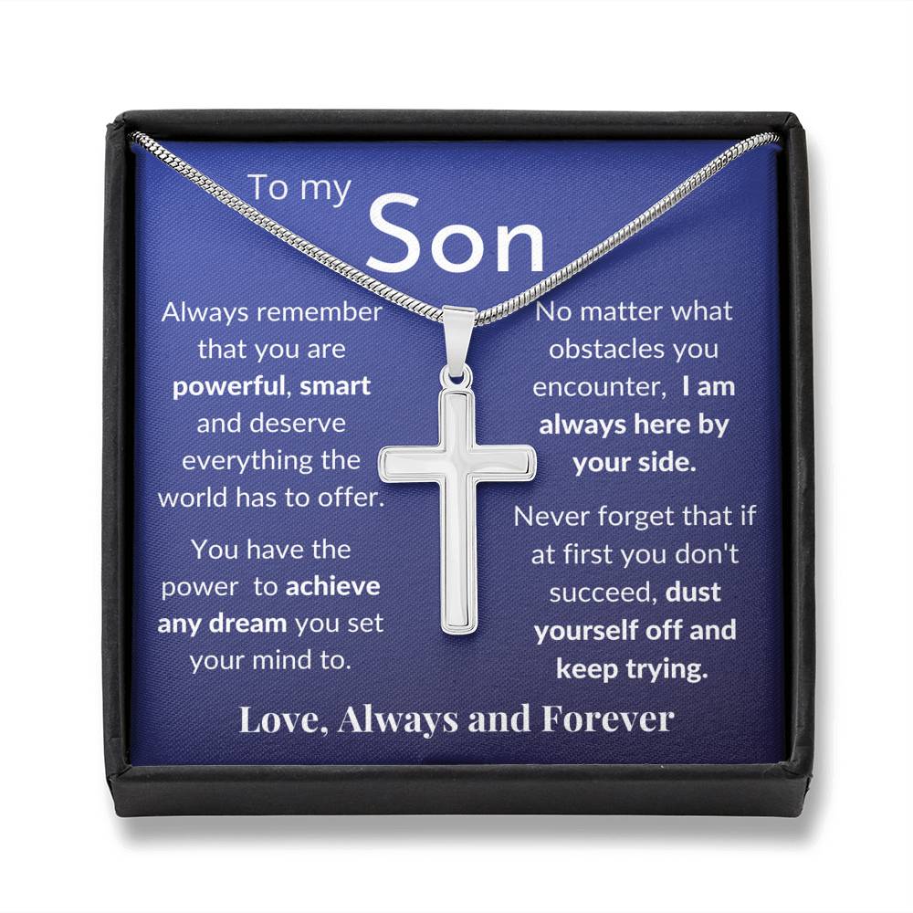 Gift for Son - Stainless Steel Pendant Cross Necklace Jewelry - Message Card & Gift Set