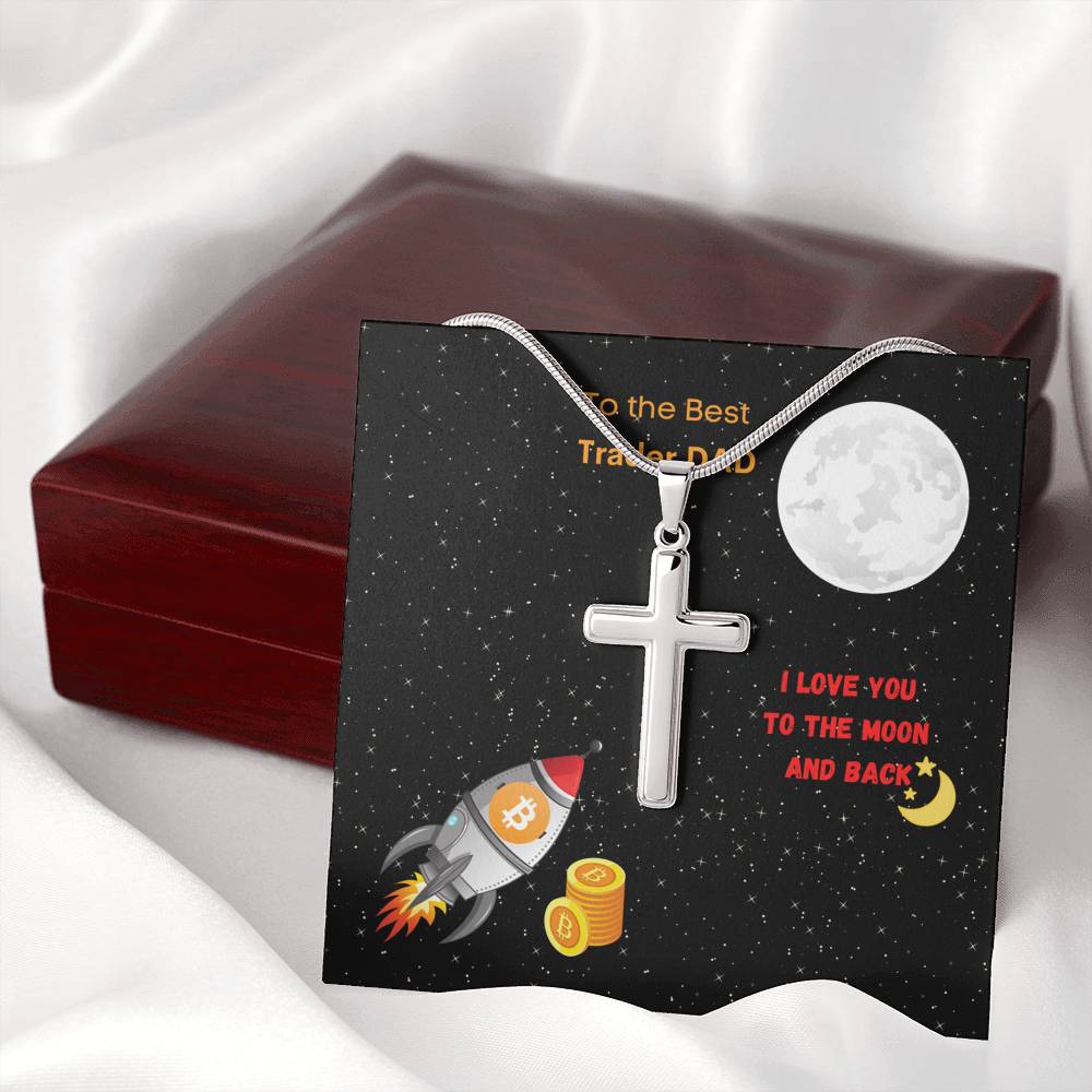 Best Trader Dad Bitcoin Moon Rocket Silver Gold Engravable Cross Necklace