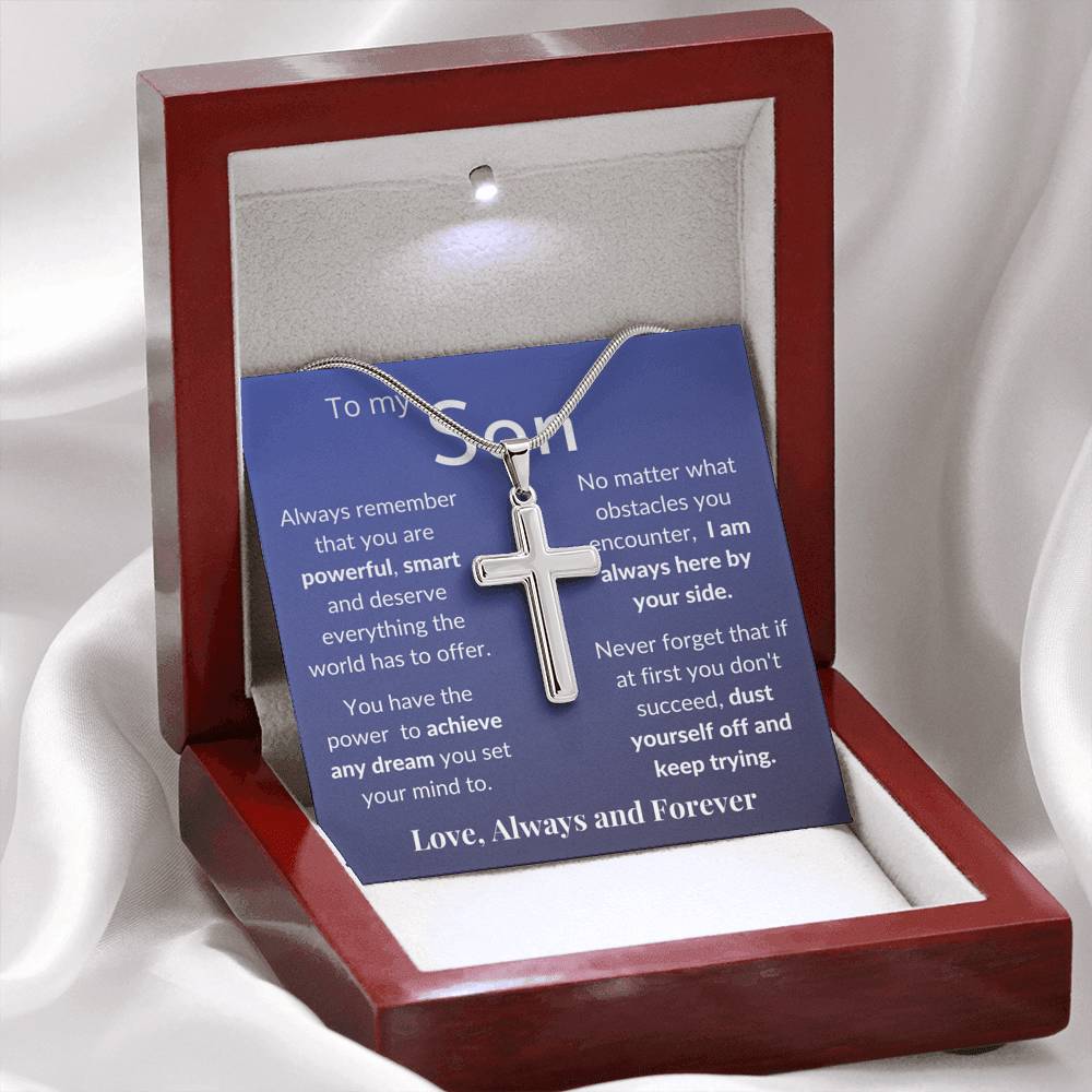 Gift for Son - Stainless Steel Pendant Cross Necklace Jewelry - Message Card & Gift Set