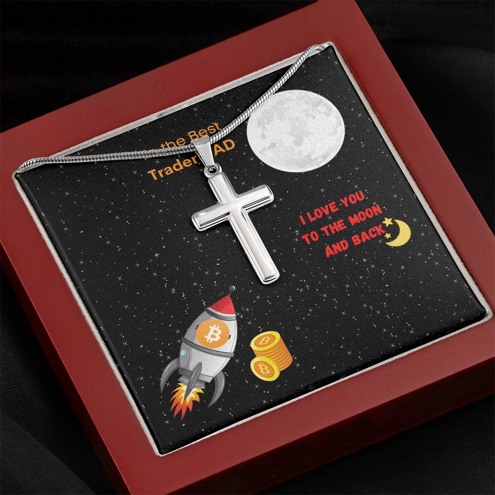 Best Trader Dad Bitcoin Moon Rocket Silver Gold Engravable Cross Necklace