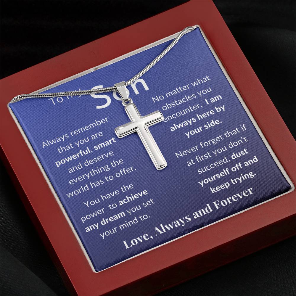 Gift for Son - Stainless Steel Pendant Cross Necklace Jewelry - Message Card & Gift Set