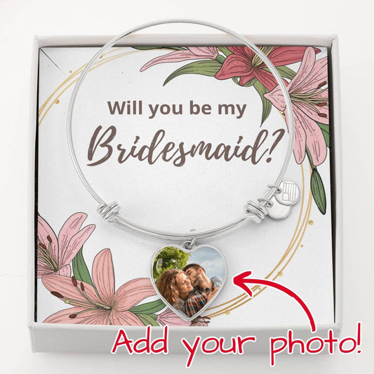 Bridesmaid Proposal Message Card Heart Pendant Personalized Photo Bracelet Silver Gold