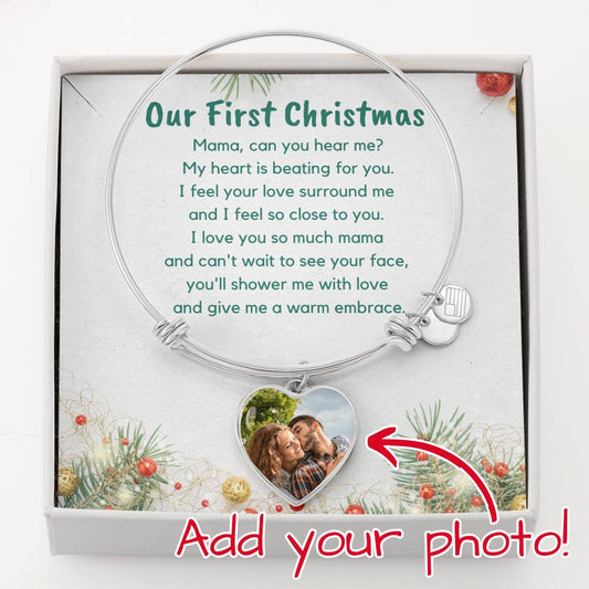 Our First Christmas Bangle Bracelet, Silver and Gold, Custom Photo Upload Bracelet