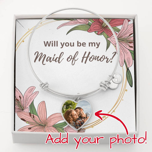 Maid of Honor Proposal Message Card Heart Pendant Buyer Upload Photo Bracelet Silver Gold